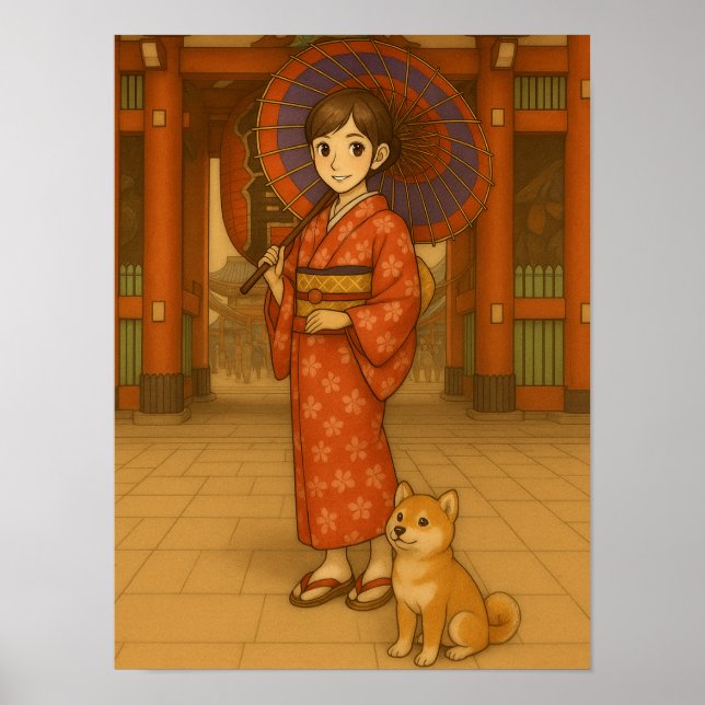 Japan Spaziergang - Kimono Girl and Shiba Hund Kun Poster (Vorne)