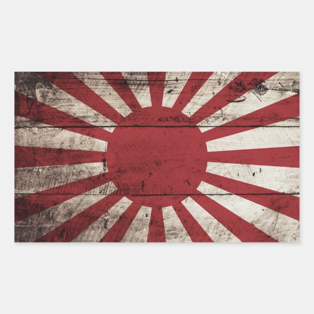 Japan steigt Sonnenflagge auf alten Holzkörnern an Rechteckiger Aufkleber (Vorderseite)