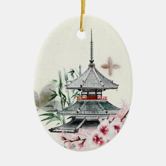 Japan Tempel, Bamboo, Kirschblüten Weihnachten Keramik Ornament (Vorne)