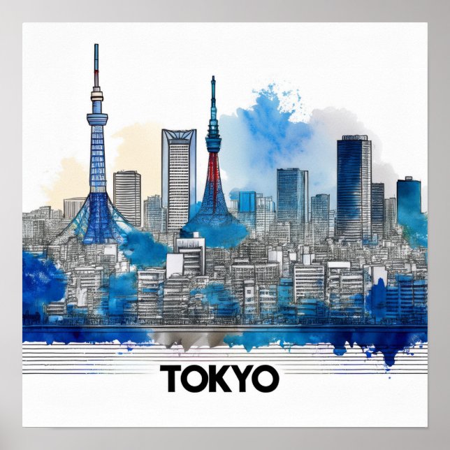 Japan Tokyo Skyline - Wasserfarbe Tokyo Skyline Poster (Vorne)