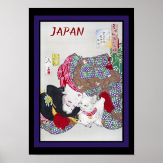 Japan Travel Vintag Fine Art Cat und Kimono Poster