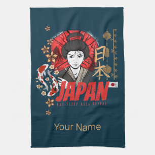 Japan Vintage Geisha mit Flagge Koi und Lotus Souv Geschirrtuch
