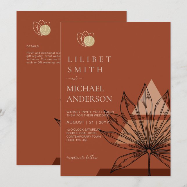 Japandi Abstrakte skandinavische Hochzeit Einladung (Vorne/Hinten)