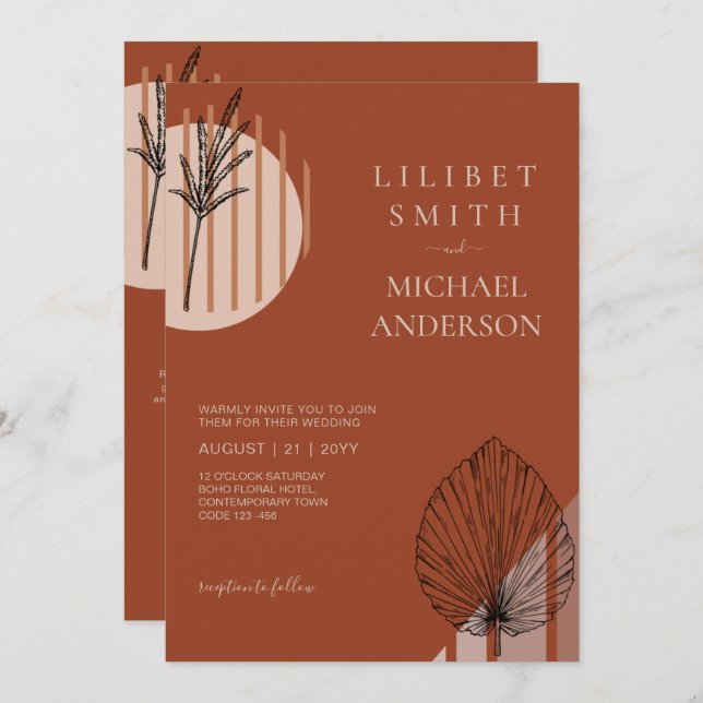 Japandi Abstrakte skandinavische Hochzeit Einladung (Vorne/Hinten)