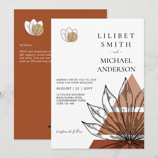 Japandi Abstrakte skandinavische Hochzeit Einladung (Vorne/Hinten)