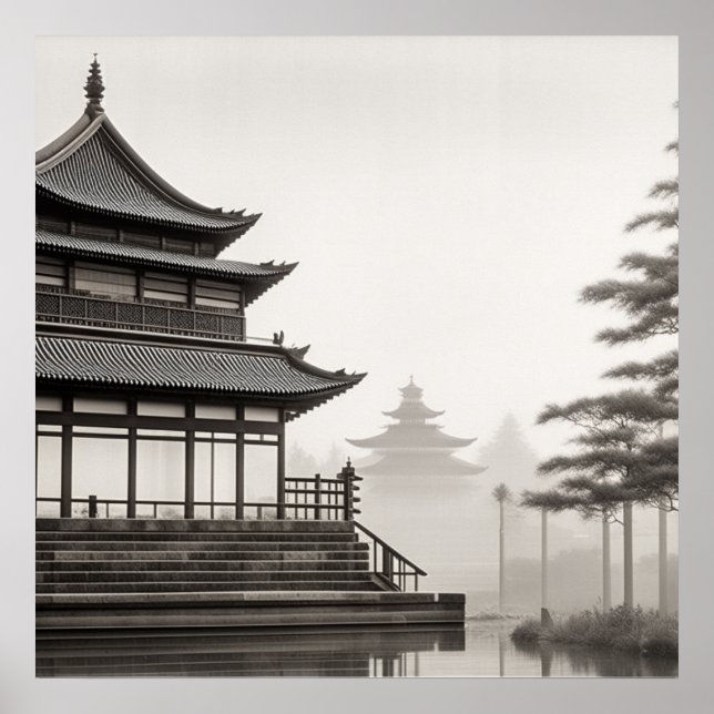 JAPANDI ART VINTAGE DORFSCHIFFE SCHWARZ-WEISS POSTER (Vorne)