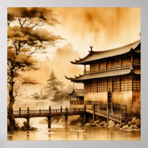 JAPANDI ART VINTAGE DORFSZENE WARMES BRAUN POSTER