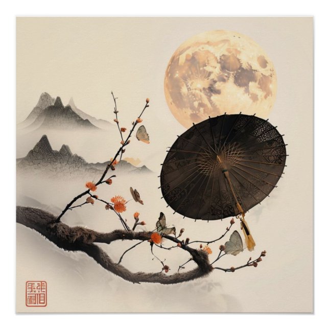 Japandi Inspirierte Zweige Weiche Pastelle Poster (Vorderseite)