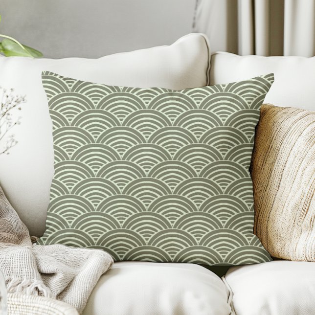 Japandi Modern Farmhouse Sage Green Waves Arches Kissen (sage green japandi japanese scandinavian pillow)