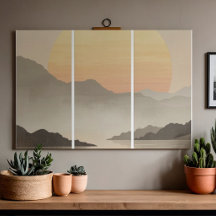 Japandi-Sonnenuntergangs-Gebirgs-Triptychon-Wandku