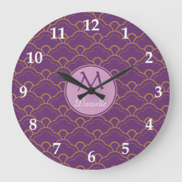 Japaner Seigaiha Kamm-Muschel-lila Goldrosa Orient Große Wanduhr