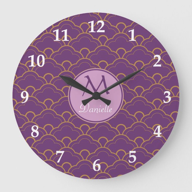 Japaner Seigaiha Kamm-Muschel-lila Goldrosa Orient Große Wanduhr (Vorderseite)