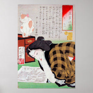 Japanerin mit Katze, Tsukioka Yoshitoshi Poster