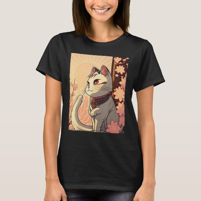 Japanese Aesthetic Cute cat japan Sakura Cherry Bl T-Shirt (Vorderseite)