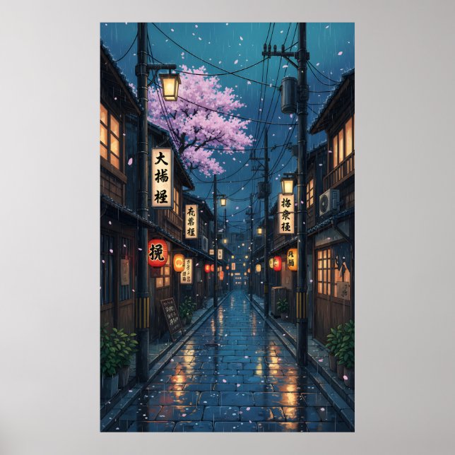 Japanese Alley Rain Night Cozy Anime Blossom urban Poster (Vorne)