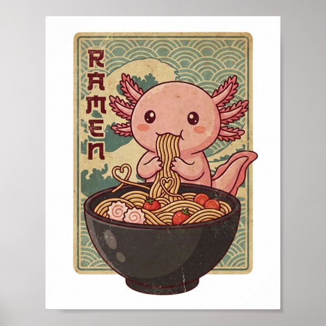 Japanese Anime Axolotls Ramen Black Axolotl Eating Poster (Vorne)