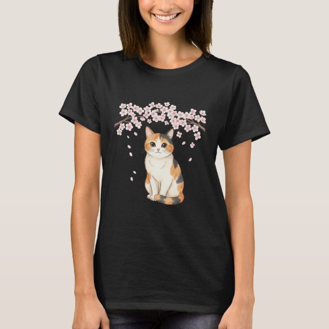 Japanese Art Calico Cat & Cherry Blossoms T-Shirt (Vorderseite)