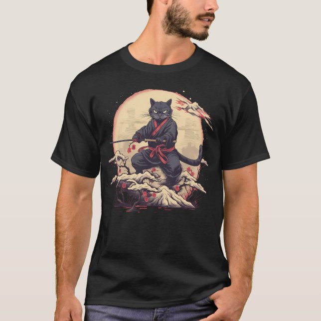 Japanese Art Cat Ninja Ukiyo-e Anime Samurai Cat S T-Shirt (Vorderseite)