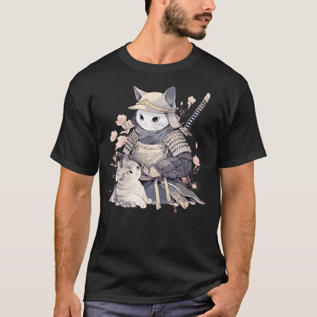 Japanese Art Cat Ninja Ukiyo-e Anime Style Samurai T-Shirt (Vorderseite)