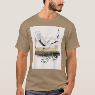 Japanese Art Crane Bird Cherry Blossom Woodblock J T-Shirt