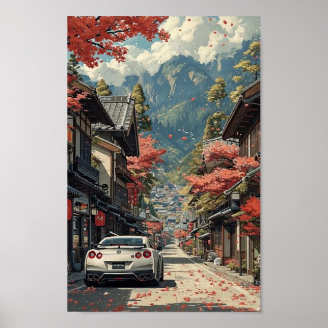 Japanese Autumn Street with Sports Car Poster (Vorne)