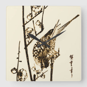 Japanese Bird on a Branch - Brown and Beige Quadratische Wanduhr