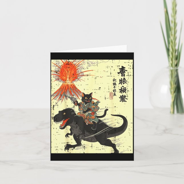 Japanese Black Cat On Trex Funny Ukiyo-e Boys Kids Karte (Vorderseite)