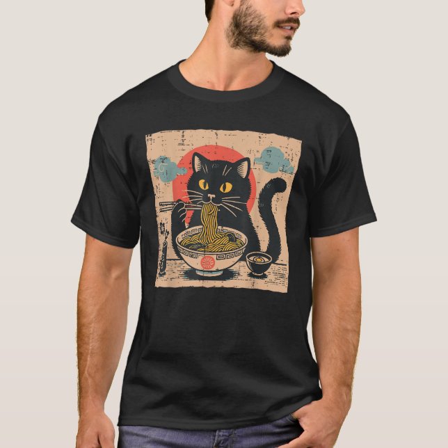 Japanese Black Cat Ramen Sun Retro Kitten Art Wome T-Shirt (Vorderseite)