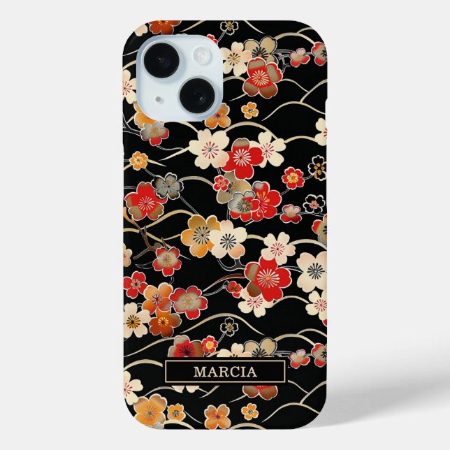 Japanese Black Floral Pattern Monogrammed Case-Mate iPhone Hülle (Rückseite)