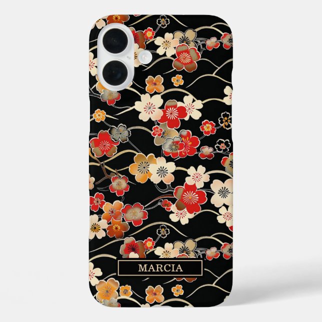 Japanese Black Floral Pattern Monogrammed Case-Mate iPhone Hülle (Rückseite)