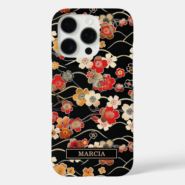 Japanese Black Floral Pattern Monogrammed Case-Mate iPhone Hülle (Rückseite)