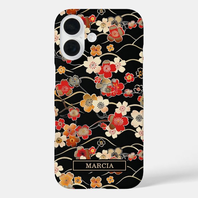 Japanese Black Floral Pattern Monogrammed Case-Mate iPhone Hülle (Rückseite)