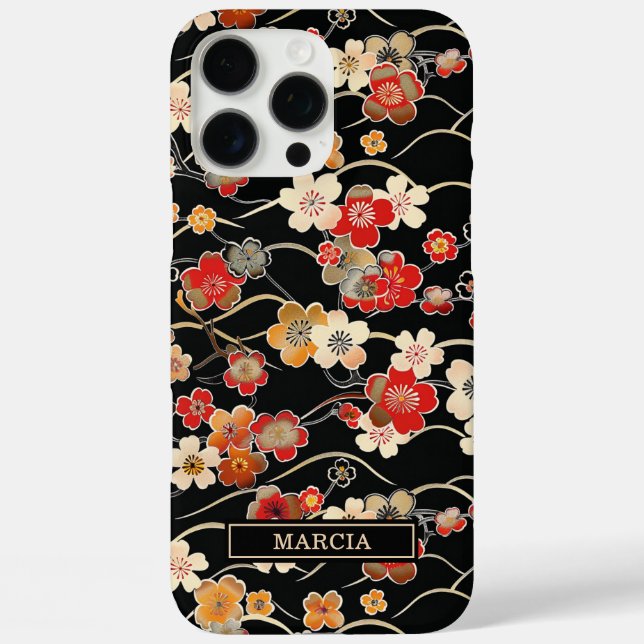 Japanese Black Floral Pattern Monogrammed Case-Mate iPhone Hülle (Rückseite)