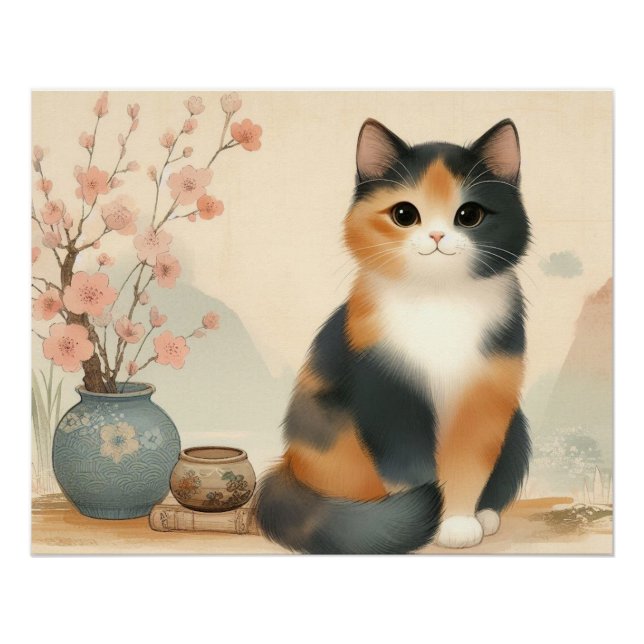 Japanese calico cat and flower poster (Vorderseite)