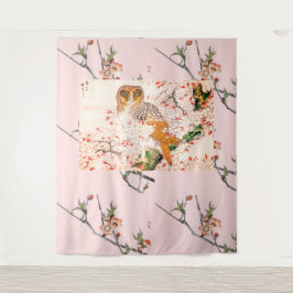 JAPANESE CHERRY BLOSSOM AND OWL Tapestry Wandteppich