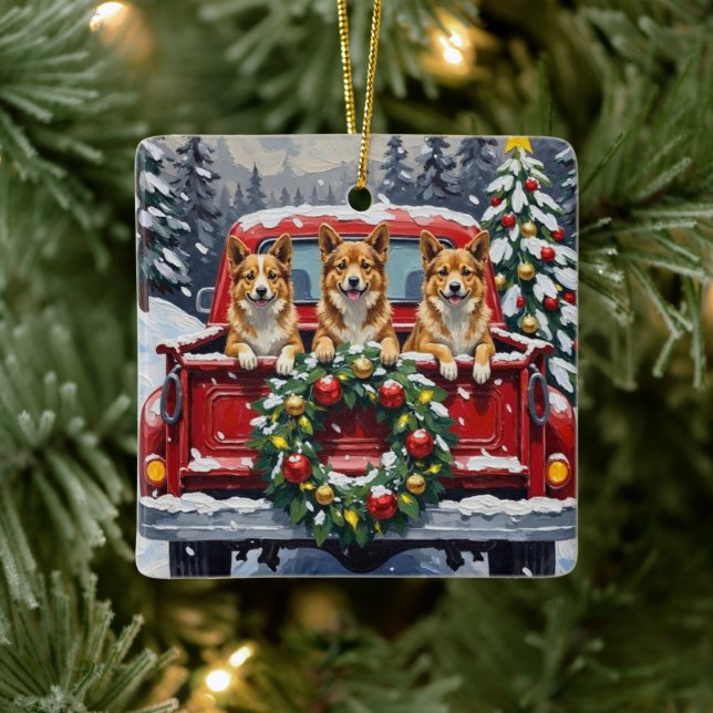 Japanese Chin Christmas Red Truck Holiday Keramikornament (Baum)