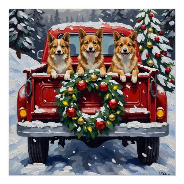 Japanese Chin Christmas Red Truck Holiday Poster (Vorderseite)