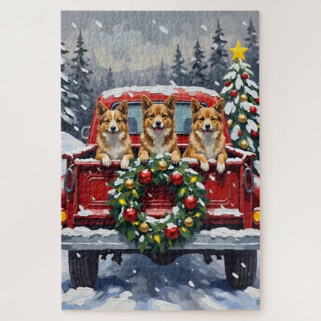 Japanese Chin Christmas Red Truck Holiday Puzzle (Vertikal)
