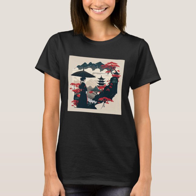 Japanese classic lady with umbrella looking at cas T-Shirt (Vorderseite)