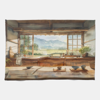 Japanese Countryside Kitchen with Rice Field View  Geschirrtuch