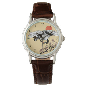 Japanese crane bird and blooming sakura armbanduhr