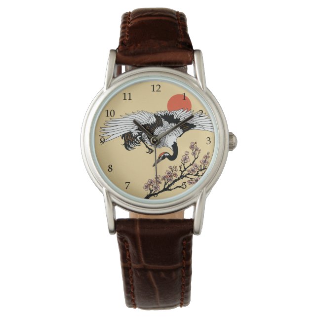 Japanese crane bird and blooming sakura armbanduhr (Vorderseite)