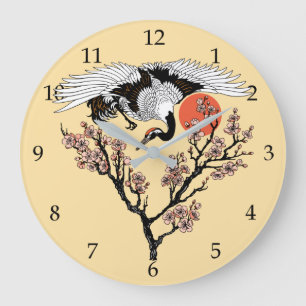 Japanese crane bird and blooming sakura große wanduhr