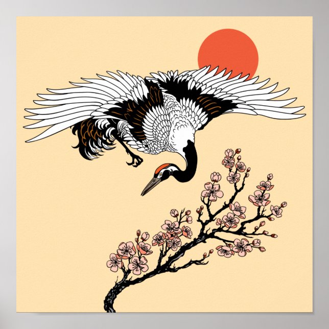 Japanese crane bird and blooming sakura poster (Vorne)