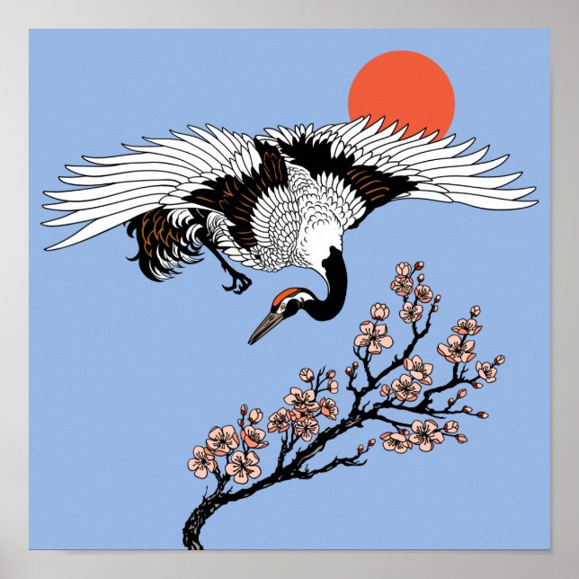 Japanese crane bird and blooming sakura poster (Vorne)