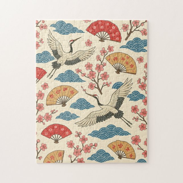 Japanese Crane Sakura Pattern Jigsaw Puzzle  (Vertikal)