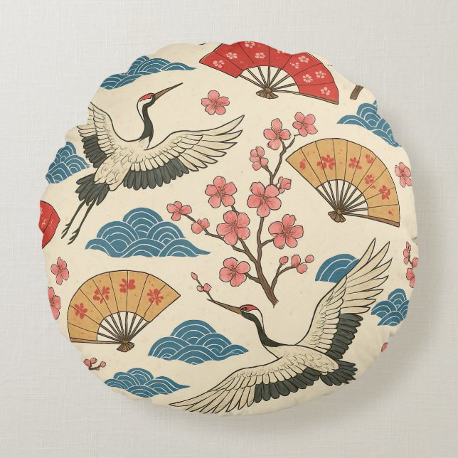 Japanese Crane Sakura Pattern Traditional Japanese Rundes Kissen (Vorderseite)