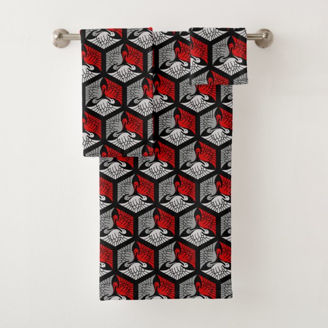 Japanese Cranes, Red, Gray / Grey and Black Badhandtuch Set (Insitu)