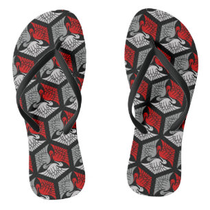 Japanese Cranes, Red, Gray / Grey and Black Flip Flops