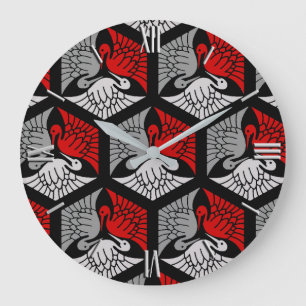 Japanese Cranes, Red, Gray / Grey and Black Große Wanduhr